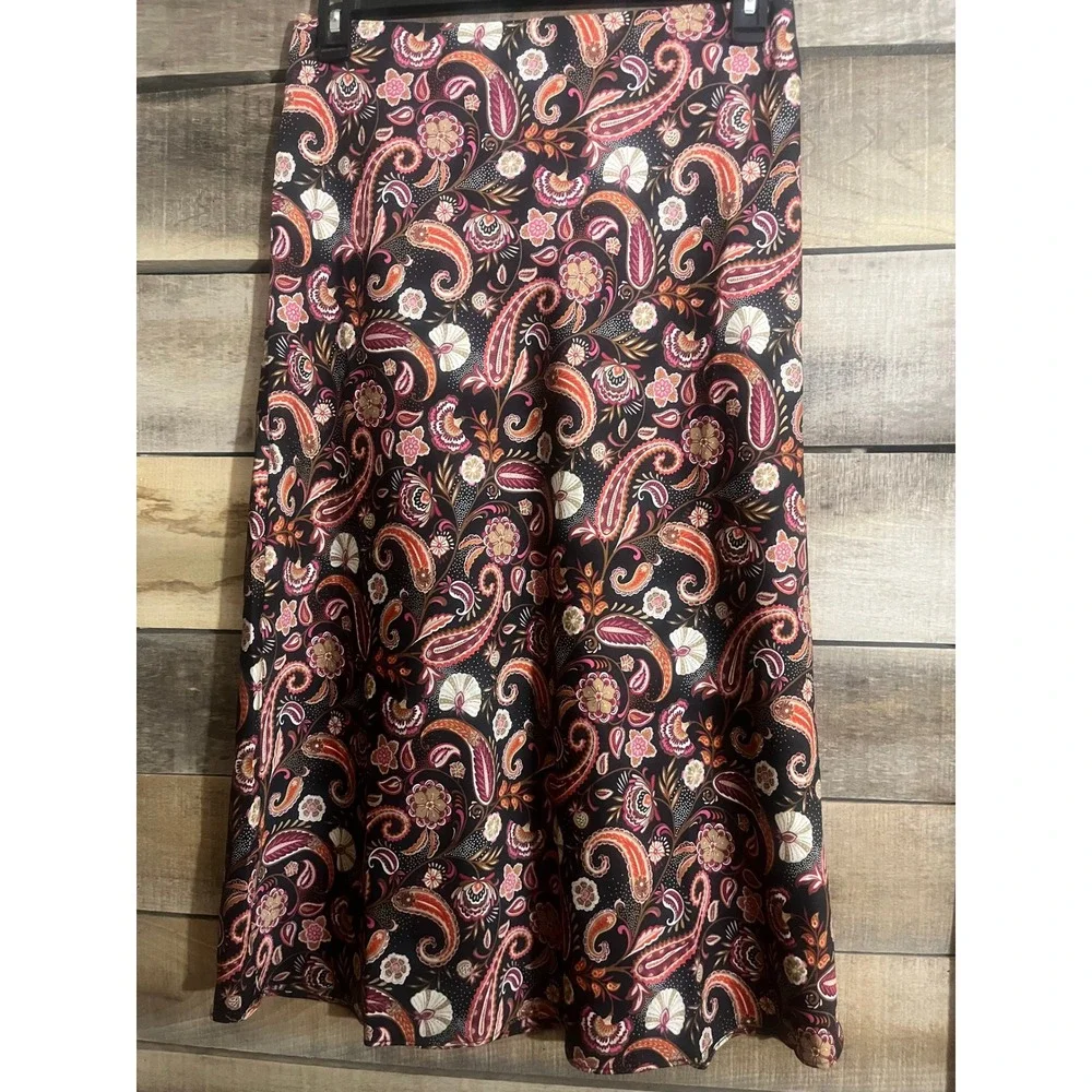 Loft‎ Petites Black Pink Paisley Floral Midi Skirt Size LP A-Line Pull On Boho